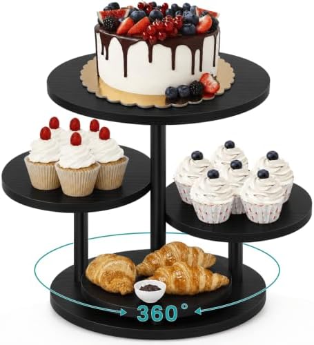 ELITEROO 4 Tier Round Cupcake Stand, Wooden Cup Cake Tower with Tiered Cookie Serving Tray, 360°Rotatable Cake Stand for Dessert Table Display for Wedding Birthday Halloween Tea Party, Black by ELITEROO