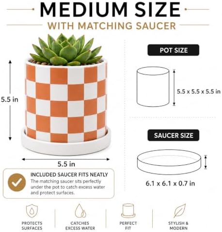 Checkered Ceramic Planter Pot with Drainage Hole and Saucer, Black and White Planters Decor,Indoor Cylinder Round Planter Pot (Yellow, Medium) - Image 2