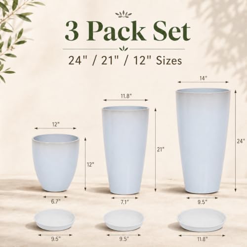 Neoaider Set of 3 Tall Planter, 24/21/12in Large Plastic Planter, WhiteJade - Image 3