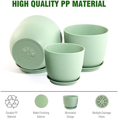WSMKSZ Large Plant Pots 12/10/9 inch, Set of 3 Modern Decorative Plastic Planters with Drainage Holes and Saucers, Flower Pots for Indoor Outdoor Plants, Green - Image 4