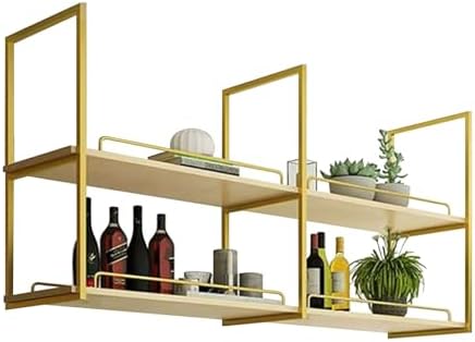 Ceiling Mounted Wine Rack，Industrial Wine Glass Shelf for Wall Storage Shelving，2-Layer Hanging Plant Flower Pot Stand Floating Decorations Shelves，Gold(120x30x80cm) by Renmlion