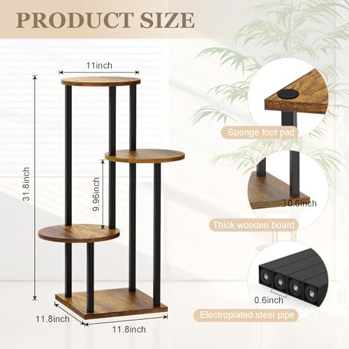 4 Tier Plant Stand Indoor, Metal Wooden Tall Plant Shelf Flower Pot Stand for Multiple Plants, Corner Flower Holder Plant Display Rack for Living Room Balcony Patio Garden (Rustic Brown) - Image 3