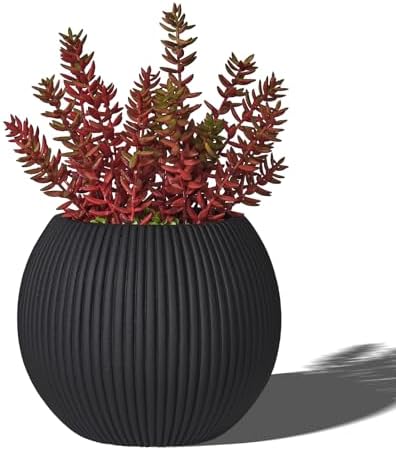 16" Sphere Fluted Outdoor Planter, Black,Modern Round Plant Pot by TerraDecoOutdoorPlanters