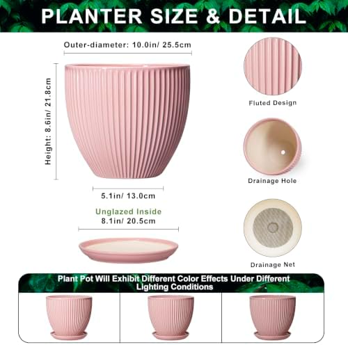 Flower Pot Ceramic, 10 Inch Indoor Planters with Saucer, Pink - Image 2