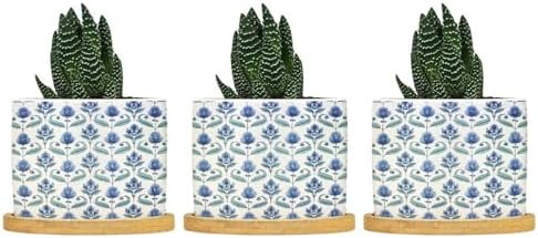 Blue Floral Planter Ceramic Mughal Flower Round Plant Pots with Drainage Holes and Bamboo Tray Pot for Succulents Cactus Garden Windowsill by BRUYU5SE