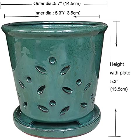 Ceramic Orchid Pots with Holes 6 Inch, Round Green Ceramic Orchid Pot with Saucer, Ceramic Air Plant Pot with Holes, Butterfly Pot Saucer Windowsill Contemporary Home Decoration, Forest Green - Image 3