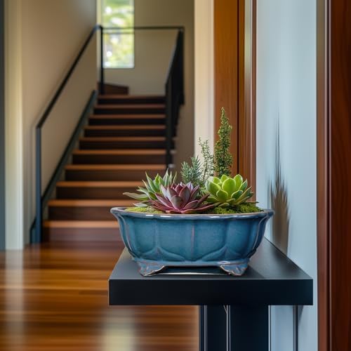 Bonsai Pots - 13.2 Inch Oval Ceramic Pots for Plants, Large Succulent Planter with Drainage Hole, Decorative Planters for Indoor Outdoor, Garden House Decor, Housewarming Gifts, Retro Blue - Image 5