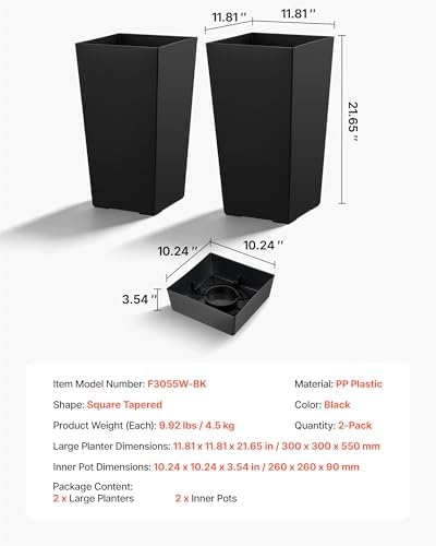 VEVOR Set of 2 Tall Planters for Outdoor Plants 22 inch, Black Tall Planter for Indoor Plants, Modern Planters for Front Porch Patio Balcony, Plant Container Flower Pots - Image 7