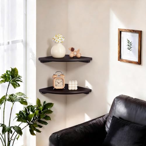 Corner Wall Shelf,16inch Solid Oak Wood Floating Corner Shelf with Wire Hole Corner Wall Storage Display Shelves for Living Room Bedroom Bathroom Kitchen(Walnut) - Image 2