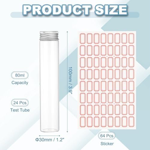PATIKIL 80ml Test Tubes with Caps, 24Pcs 30x150mm Glass Clear Flat Bottom Test Tube Containers with Plastic Cap for Bead Party Candy Bath Salt Storage Scientific Experiment Plant(Silver) - Image 2
