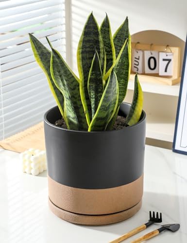 ADN 10inch Black+Brown Ceramic Planter Pot with Drainage Hole and Saucer - Image 4