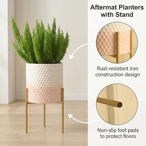 Modern Planter Pots, Set of 2 White Pink Planters with Stand, Decorative Planters, Metal Pots with Drainage Holes for Living Room, Office, Garden - Image 4