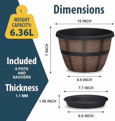 10-Inch Whiskey Barrel Planters Outdoor Pack of 6, Plastic Decoration Plant Pots for Indoor & Outdoor Use with Drainage & Saucer, Rustic Garden Planters for Flowers, Small Plants & Herbs - Image 2