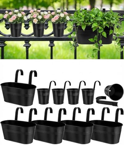 vensovo 10 Pcs Metal Railing Planters Set, 10.8" Oval & 3.9" Round Hanging Flower Pots with Detachable Hooks, Black Fence Planter Baskets for Outdoor Plants, Herbs & Succulents, Garden Decor by vensovo