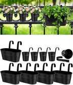 vensovo 10 Pcs Metal Railing Planters Set, 10.8" Oval & 3.9" Round Hanging Flower Pots with Detachable Hooks, Black Fence Planter Baskets for Outdoor Plants, Herbs & Succulents, Garden Decor by vensovo