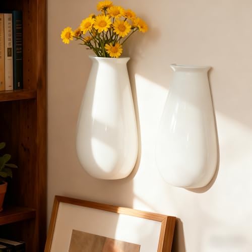 White Ceramic Wall Planters, Set of 2, 10.6 Inch, Flared Design - Image 2
