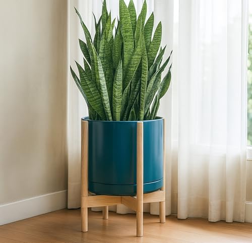 D'vine Dev Ceramic Pot with Natural Wood Stand, Teal, 14 in, 55-B-R-4 - Image 6