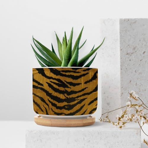 Tiger Fur Skin Planter Ceramic Animal Strip Print Round Flower Pot with Drainage Holes and Bamboo Tray Pot for Outdoor Garden Home Plant - Image 7