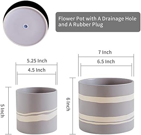 Nihow Modern Ceramic Plant Pot - 5 + 7 Inch Flower Pot for All Indoor Plants - Sturdy Planter Pots with Drainage Hole & Rubber Plugs - Semi-Matte Gray & Nature - Plants Not Included - Image 2