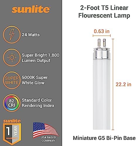 Sunlite F24T5/850/HO 2 Foot T5 Linear Fluorescent Lamp, 24 Watts, 1800 Lumens, 5000K Daylight, Miniature G5 Bi-Pin Base, ROHS Compliant, High Performance Straight Tube, 40 Pack - Image 2