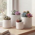 Eyely Elina Modern Minimalist Handmade Concrete Fluted Sculptural Cylinder Planter Set with Drainage Holes, Matte White (Set of 4) (NLP1000B-4SET) by eyely