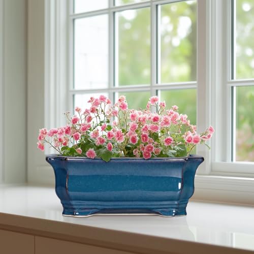 Bonsai Pots 11.6 Inch - Ceramic Succulent Pots with Drainage Hole, Rectangular Planter for Indoor Outdoor, Decorative Ceramic Flower Pot, Home Garden Room Decor, Plant Lover Gifts, Retro Blue - Image 6