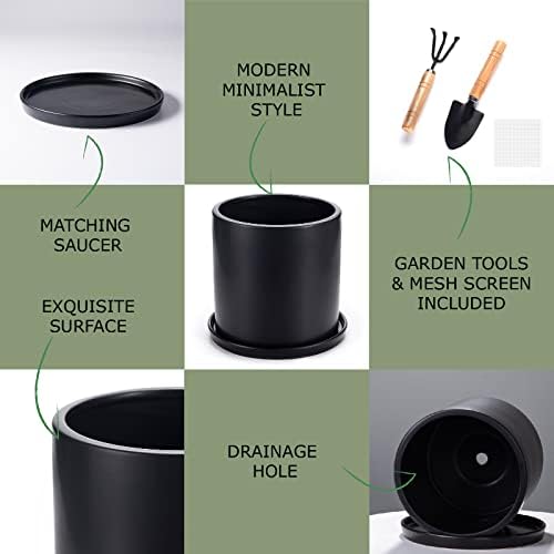 Plant Pots 10 Inch Ceramic Planter with Drainage Hole and Saucer, Matte Black Modern Cylinder Planter Pot for Indoor Outdoor Plants Flowers, Full Glazed Finish - Image 3