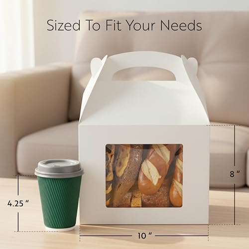 Restaurantware Gable Gift Boxes Pack of 25 Paper Treat Boxes 10 x 7 x 8 Inches With Window, Disposable White Containers, Greaseproof, Freezer-safe, For Weddings or Birthdays - Image 2