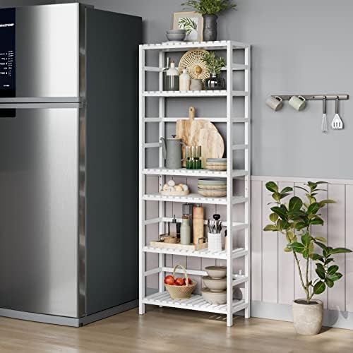 Bamjoy Bamboo Shelf, 6 Tier Bookcase Storage Shelves, Tall Book Rack Shelving Unit, Multipurpose Storage Display Shelf Adjustable Storage Rack for Bathroom Home Office Living Room Kitchen, White - Image 5