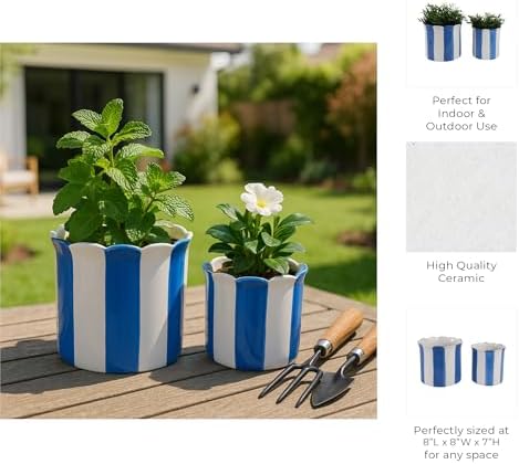 Decorative Striped Scallop Edge Planters Accent - Cute Flower Pots Ideal for Indoor or Outdoor Plant - Whimsical Garden, Home Decor, and Living Room Pots for Plants - Set of 2, 7", 6", Blue & White - Image 5