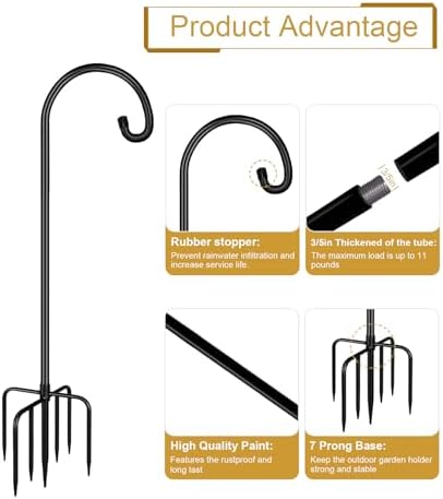 Shepherd Hook 108 Inch Tall Heavy-Duty Metal Garden Hanging Pole Stake for Bird Feeder Pole Plant Baskets, Black (2 Pack) - Image 4