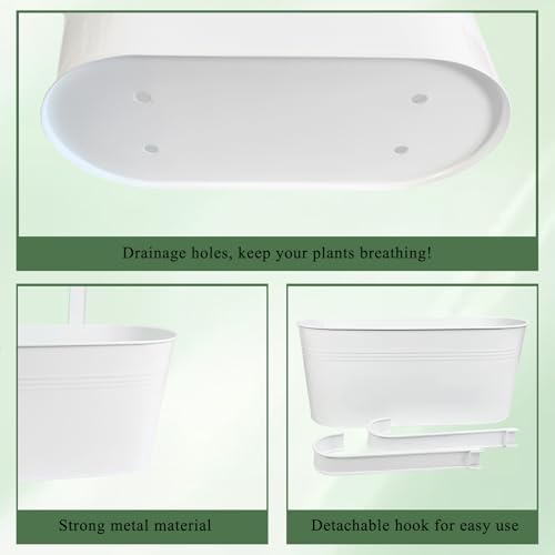 17" Hanging Metal Railing Planter with Detachable Hook, Oval White, 2 Pack - Image 3