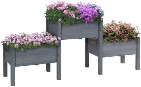 Outsunny Raised Garden Bed with 3 Planter Box Elevated Plant Stand, Gray by Outsunny
