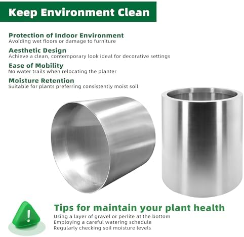 Longrun 9.8 Inch Dia Round Planter, Modern Indoor Outdoor Large Stainless Steel Plant Pot and Plant Caddy with Wheels for Home Patio Garden, Easy to Clean and Move - Image 4