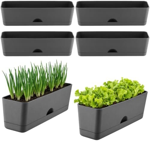 6 Pack Rectangle Planter 16x4.4 Inch Window Boxes Planters Rectangular Window Sill Planters Indoor Self Watering Plant Pots with Drainage Holes and Saucers Succulent Herb Flower Pots, Dark Grey by KvyusFlourish