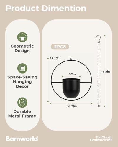 Bamworld Black Hanging Planters for Indoor Outdoor Plants Metal Hanging Pot - Image 2
