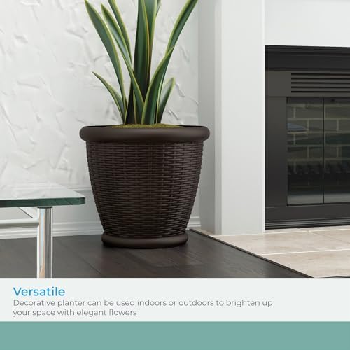 Suncast Wicker Planter w/ Drillable Drain Holes, Decorative Indoor/Outdoor Pot, 18in, Java - Image 6