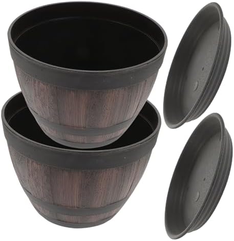 4sets Imitation Wooden Drainage Hole with Saucers Retro Flower Pots for Use for Garden Decoration by MOBUTOFU