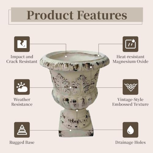 20.47" Tall Antique White Urn Planter, 16.53" W x 16.53" D Magnesium Oxide Outdoor Pedestal Planter with Drainage Hole, Decorative Garden Urn for Patio, Porch and Entryway Decor - Image 5