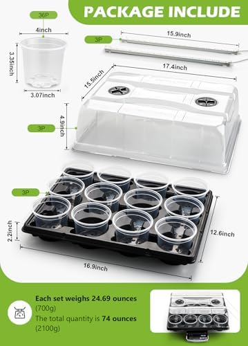 36 Pack 4 Inch Clear Plant Pots & 3 Pack 12 Cell Nursery Pot Trays with Humidity Dome and Growing Lights for Seed Starting, Germination, Seedling Propagation Plant Growing, Sturdy Gardening Kit 3 Sets - Image 2