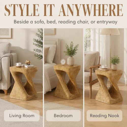 Twisted Solid Wood Accent Table, Hand-Carved Sculptural End Table, 12x12x16 inch Rustic Wooden Stool, Modern Geometric Side Table for Living Room Bedroom, Natural Wood Nightstand Plant Stand - Image 5