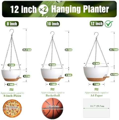 12 Inch Large Self Watering Hanging Planters 2 Pack with Saucers - Image 4