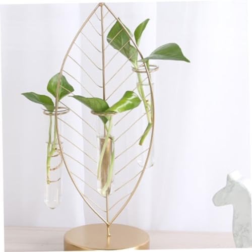 Leaf Shaped Glass Vase with Iron Frame, 3 Tube Hydroponic Planter - Image 2