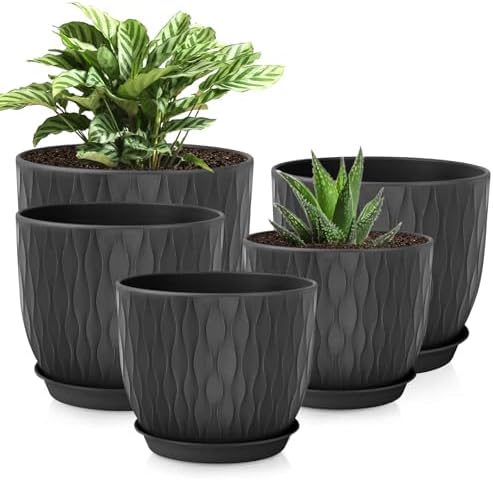 Plastic Plant Pots 10/9/8/7.5/7 inch Set of 5, Flower Planters with Drainage Holes and Saucers, Plastic Pots for Indoor Outdoor Plants, Livingroom Garden Decor (Black) by LesOasis