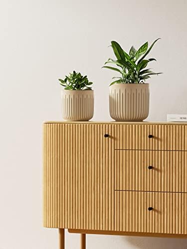 LE TAUCI Ceramic Pots for Plants, 8.3/7/6 Inch Indoor Planters with Drainage Holes & Mesh, Modern Glossy Glaze Cylinder Fluted Plant Pot for Snake Plant, Set of 3, Sand Beige - Image 3