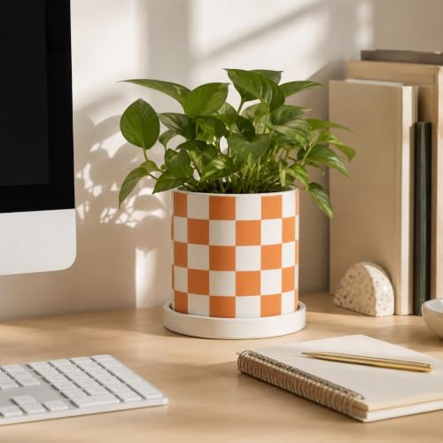 Checkered Ceramic Planter Pot with Drainage Hole and Saucer, Black and White Planters Decor,Indoor Cylinder Round Planter Pot (Yellow, Medium) - Image 7