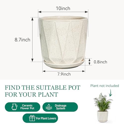 10 Inch Ceramic Plant Pot with Drainage Hole Mesh Net, Large Flower Pots for Indoor Plants with Saucer, Gardening Pots Outdoor (Silk White) - Image 6