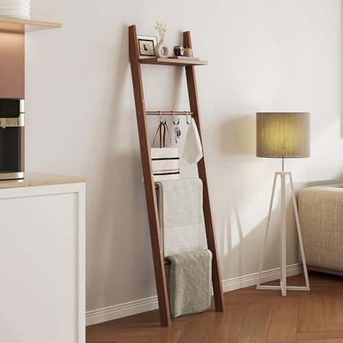 63" Bamboo Blanket Ladder with Shelf and 5 Hooks, Leaning Blanket Rack by Viroformo