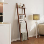 63" Bamboo Blanket Ladder with Shelf and 5 Hooks, Leaning Blanket Rack by Viroformo