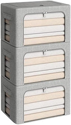 CYhom 3Pack Foldable Storage Bins - Frame Storage Box Linen Fabric Stackable Clothes Container Organizer with Clear Window & Carry Handles Large Capacity (Medium-36L, Light Grey) by CYhom